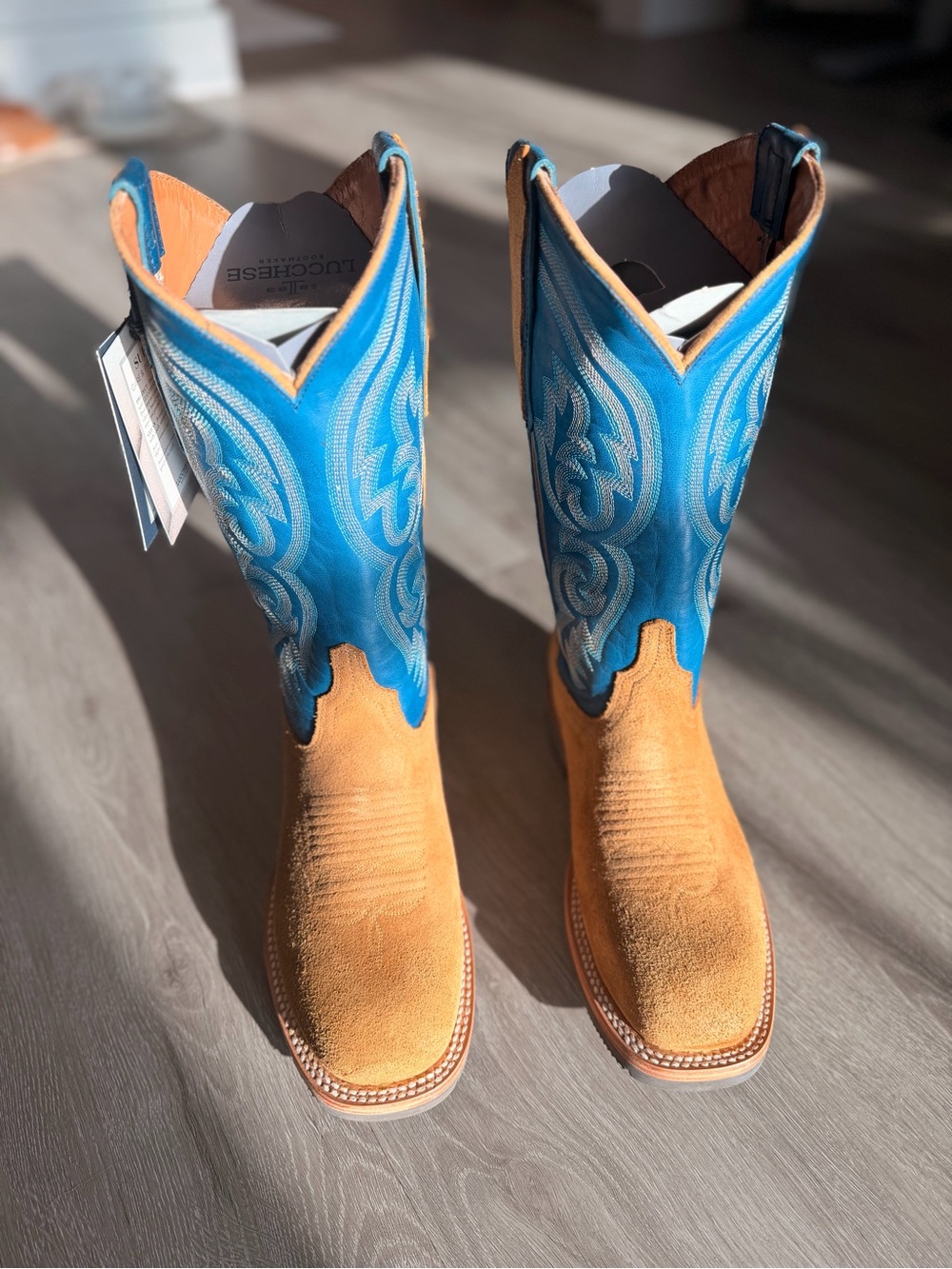 Lucchese Turquoise Blue and Tan Suede Western Boots - Picture 4 of 7
